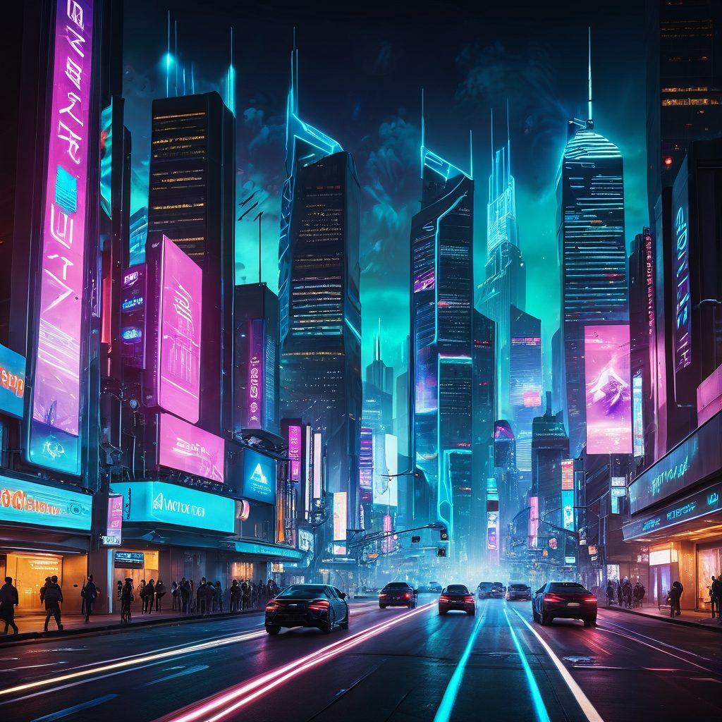 A bustling cityscape with towering skyscrapers, illuminated by bright neon lights, depicting a seamless web of interconnected devices and people. Futuristic vehicles hover on streets, while holographic communication and augmented reality applications thrive in daily life. Signal waves and tech icons like 5G and LTE logos float above, symbolizing cutting-edge mobile connectivity. cyberpunk. vibrant colors. 3D.