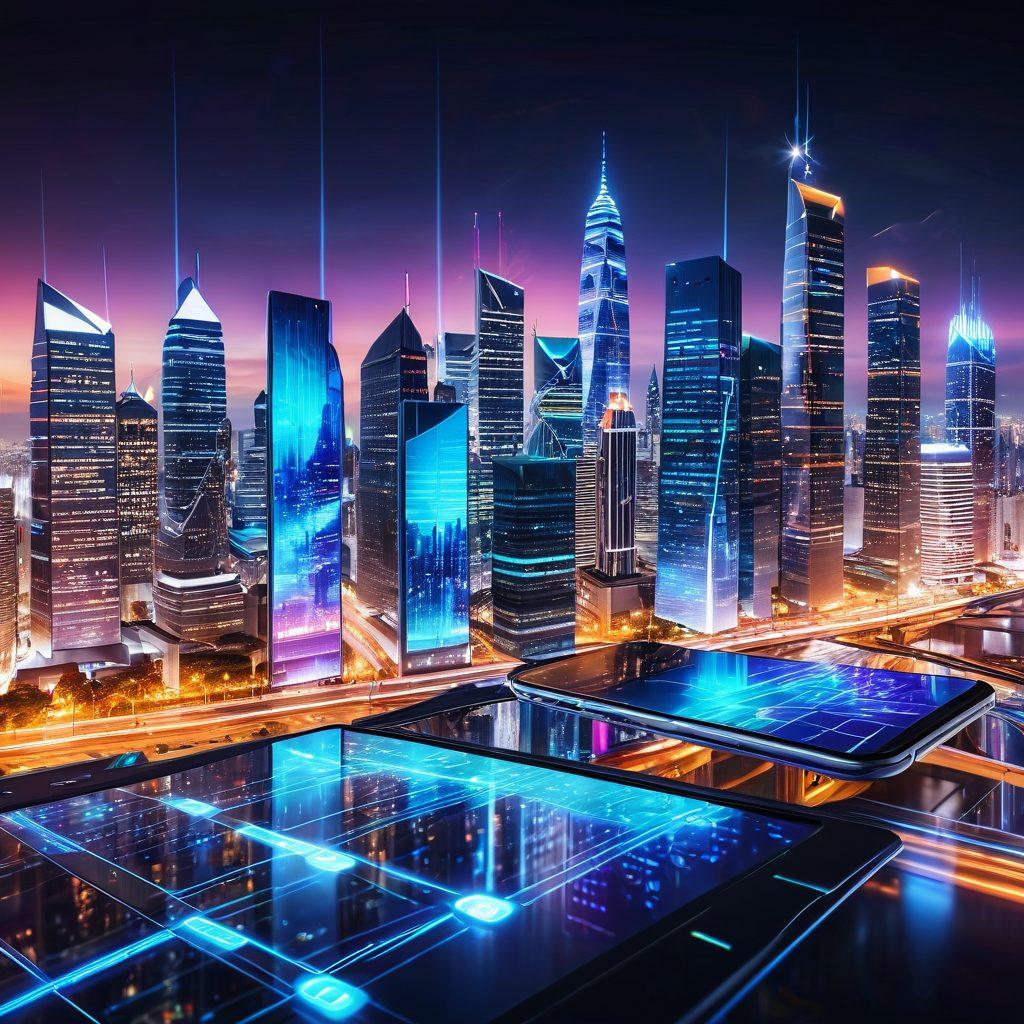 A futuristic cityscape with towering skyscrapers interconnected by glowing, transparent data streams symbolizing LTE technology. A smartphone in the foreground displaying crystal-clear connectivity bars with icons representing various online services like streaming, gaming, and social media. The background features a vibrant, bustling city environment showcasing enhanced cellular services. super-realistic. vibrant colors. high-tech aesthetics.