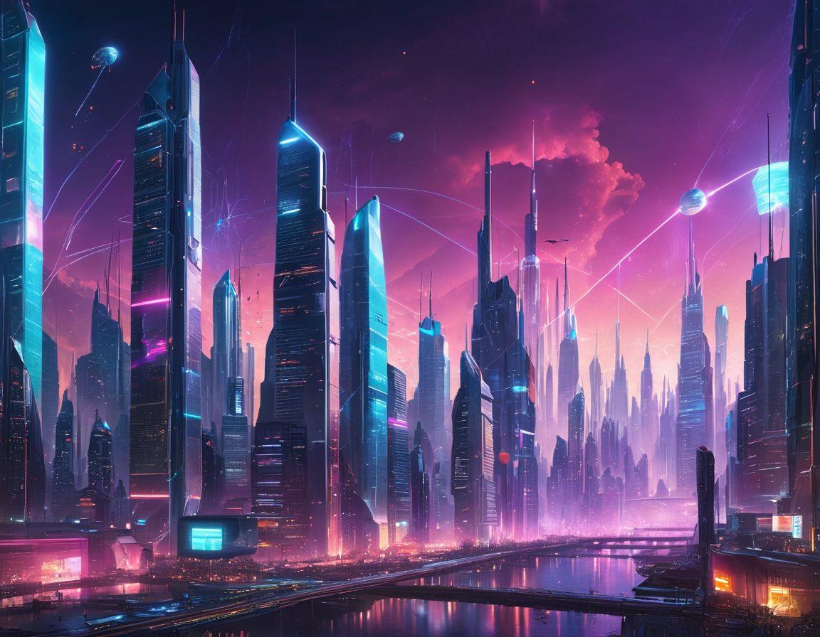 A futuristic cityscape with towering skyscrapers interconnected with glowing, high-tech antennae and satellites; people using various smart devices seamlessly connected to fast mobile networks, holographic interfaces displaying mobile coverage maps. 3D rendering. vibrant colors. cyberpunk aesthetic.